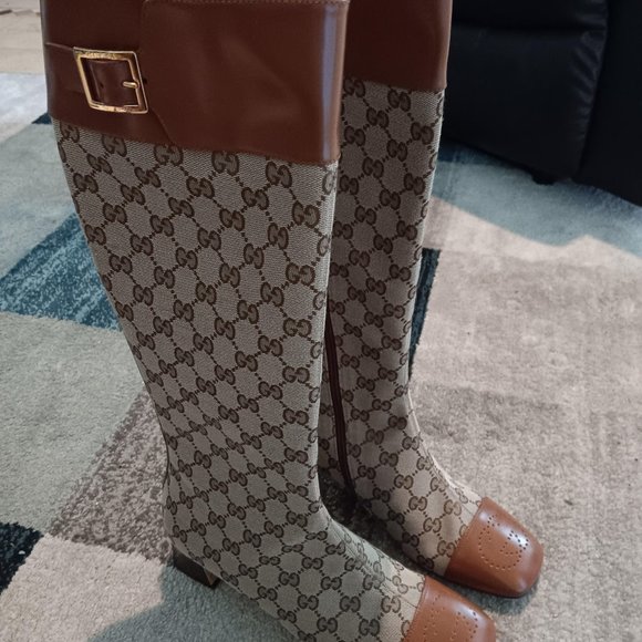 $900 NWT Authentic Gucci Monogram Riding Boots - Size 8.5 USA - Picture 1 of 6